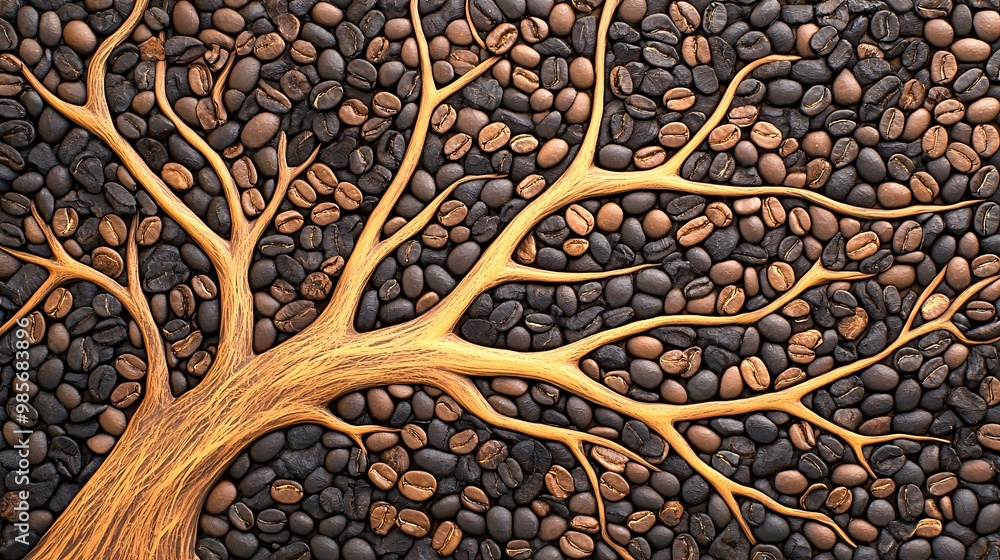Fototapeta premium Creative coffee tree branches formed with roasted coffee beans on a dark background, showcasing a natural and artistic design.