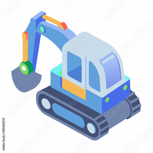 Excavator with blue and green details on white background for construction machinery concept