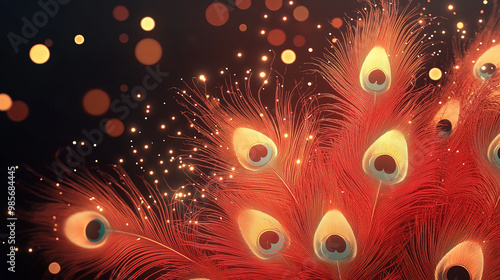 Wallpaper Mural extravagant peacock tail feather on a dark background with golden particles Torontodigital.ca