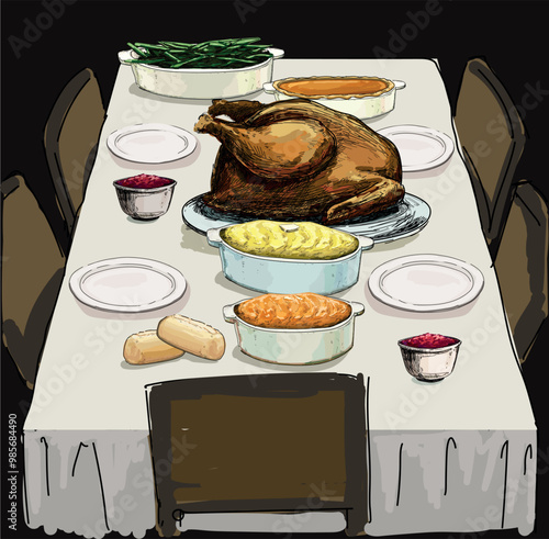 thanksgiving american view dinner table fall november full family time illustration