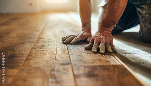 Hands installing wooden flooring with care and precision