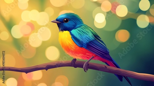 A small colorful bird perches on a branch.