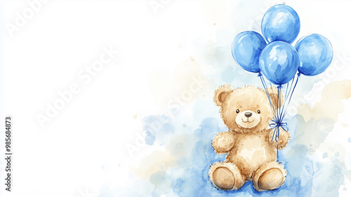 A teddy bear is holding a bunch of blue balloons. The balloons are scattered around the bear, with some floating above it and others below it. Concept of joy and playfulness