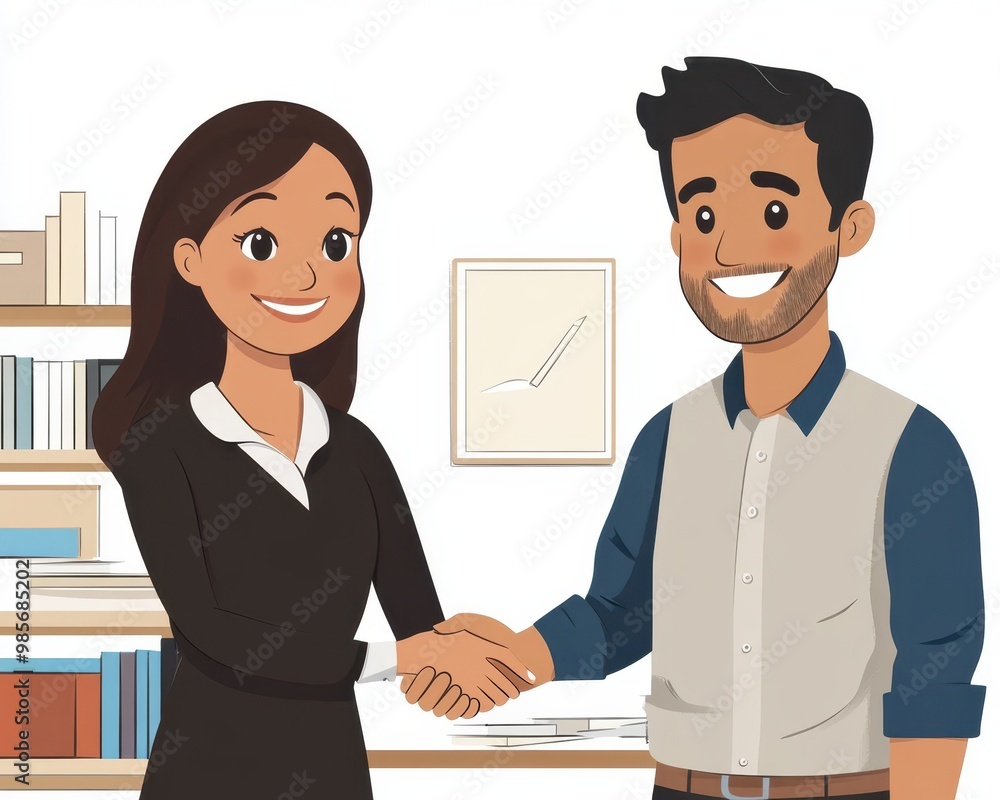 Illustration of two professionals shaking hands, symbolizing partnership, agreement, and mutual respect in a business setting. Illustration of two professionals shaking hands, symbolizing partnership, agreement, and mutual respect in a business setting.