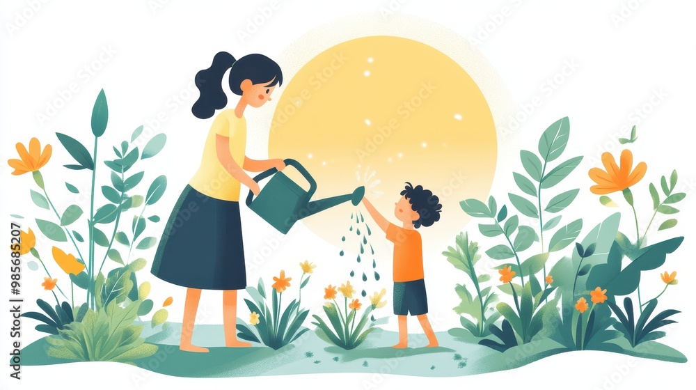 Illustration of a nurturing scene of a woman watering plants with a child. Bright sun and flowers create a joyful atmosphere of growth and care.