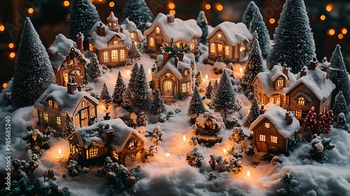 Overhead view of a Christmas table adorned with a snowy village centerpiece, miniature snow-covered houses, trees, and twinkling fairy lights, photo