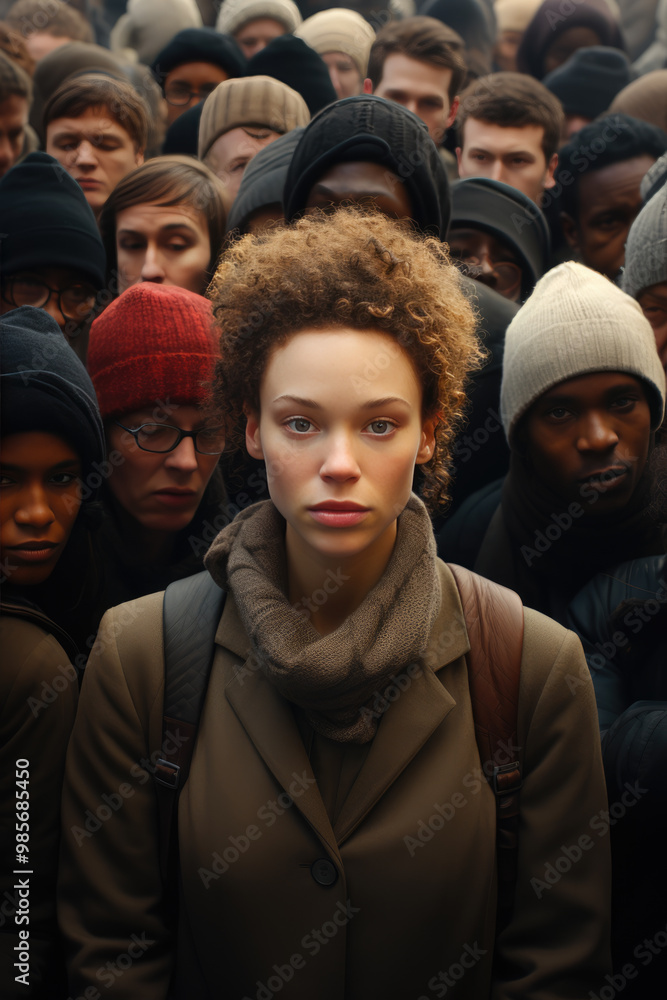 generated illustration of woman standing confidently in front of a large crowd. standing out from the crowd. generated illustration of woman standing confidently in front of a large crowd. standing out from the crowd.