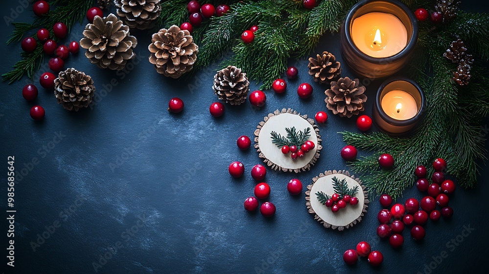 Overhead view of a Christmas table featuring scattered cranberries, pinecone place cards, and fresh evergreen sprigs, soft candlelight casting warm shadows, Overhead view of a Christmas table featuring scattered cranberries, pinecone place cards, and fresh evergreen sprigs, soft candlelight casting warm shadows,