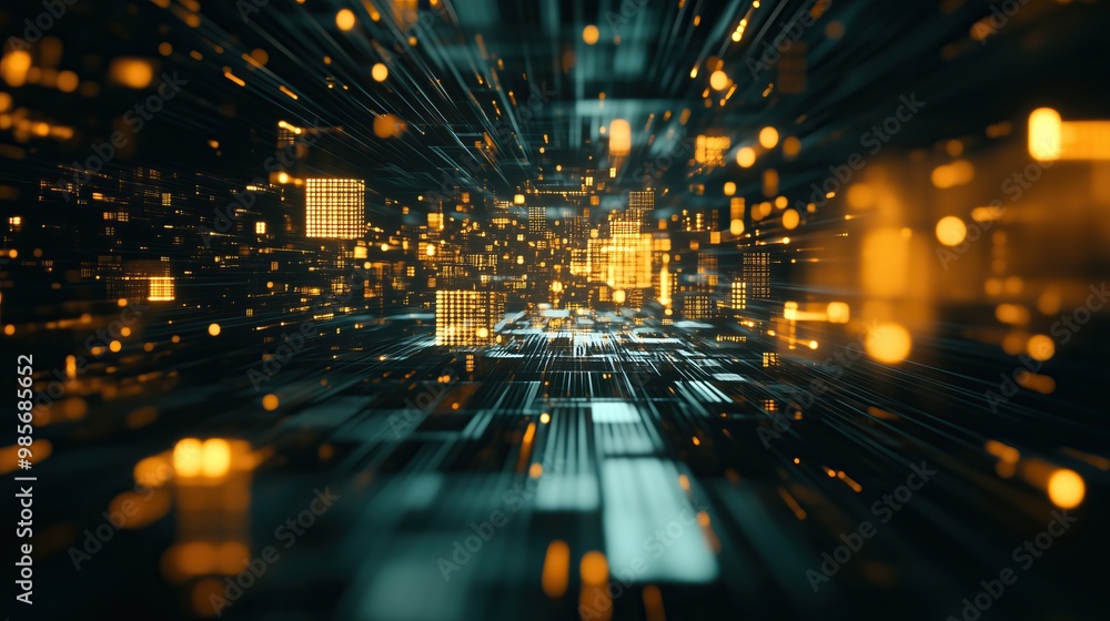 Abstract digital landscape with glowing yellow blue patterns in 3D space Abstract digital landscape with glowing yellow blue patterns in 3D space