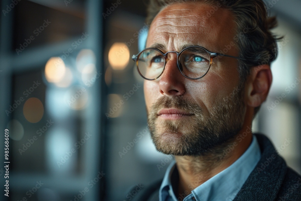 Pensive businessman wearing glasses looking away in thought Pensive businessman wearing glasses looking away in thought