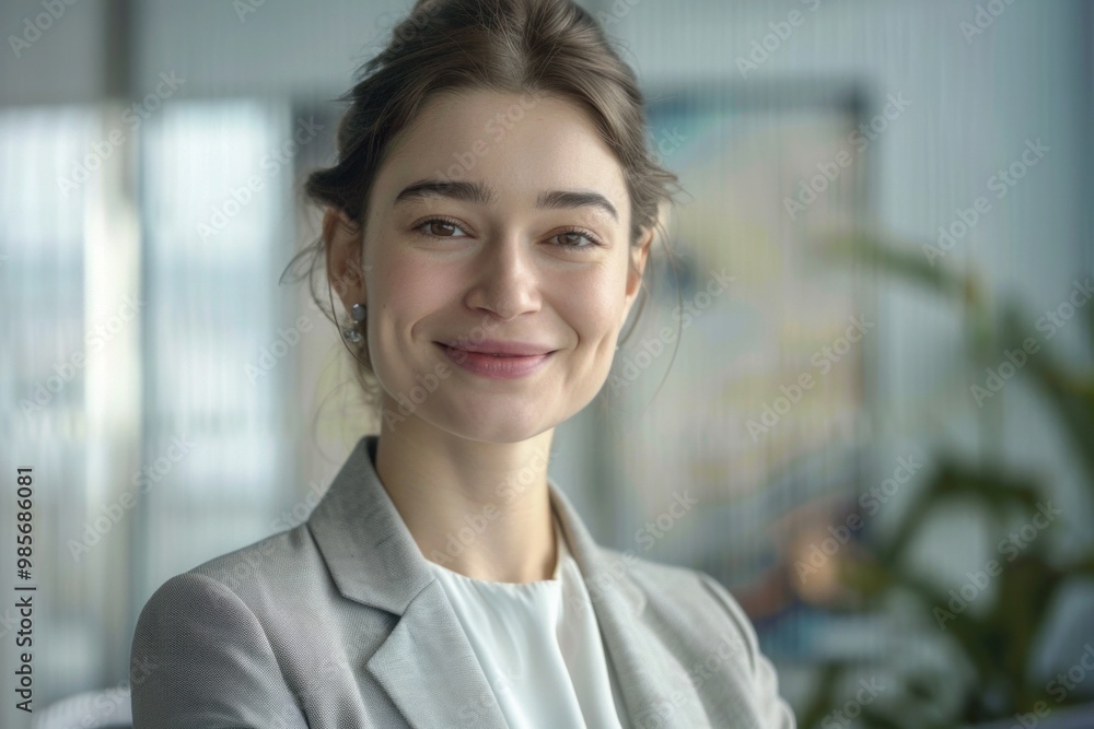 Confident businesswoman smiling in office environment Confident businesswoman smiling in office environment