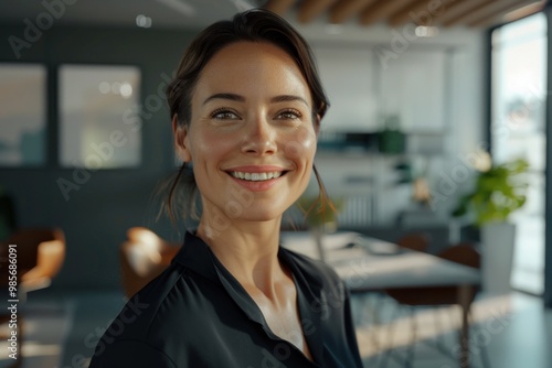 Businesswoman smiling in modern office interior design