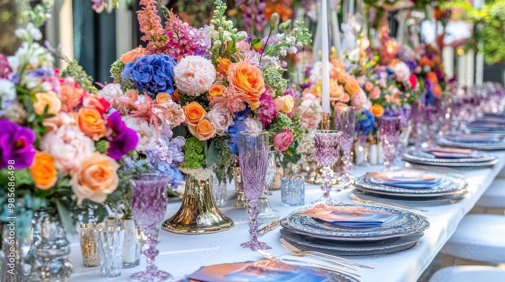 A table set for a wedding reception with a centerpiece of colorful flowers in a gold vase. A table set for a wedding reception with a centerpiece of colorful flowers in a gold vase.