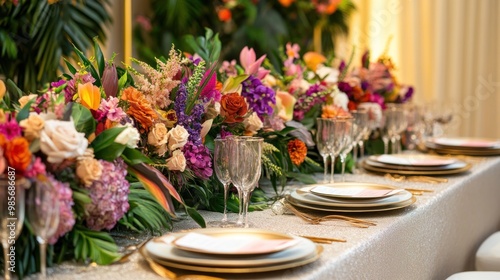 Elegant wedding table setting with vibrant floral centerpiece and gold accents.