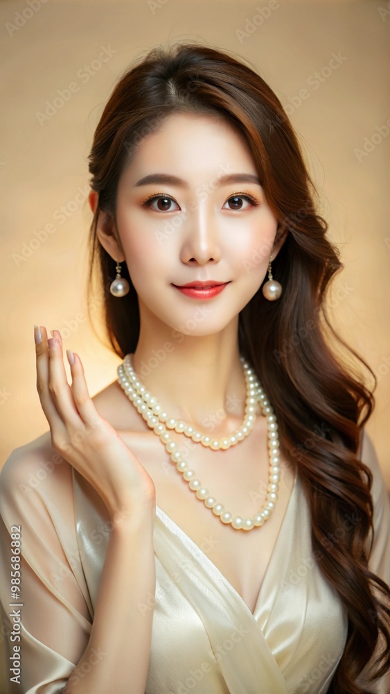 Obraz premium Pretty Asian beauty woman curly long hair with Korean makeup glowing face and healthy facial skin