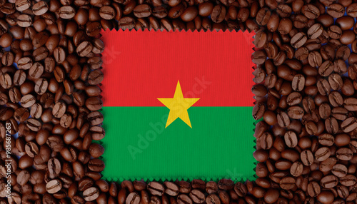 A close-up of the Burkina Faso flag surrounded by roasted coffee beans, symbolizing the blend of culture with the nation's love for coffee. photo