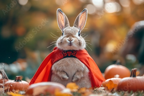 A rabbit dressed as a superhero with a flowing cape, standing proudly against a backdrop of Halloween decorations and soft lighting, showcasing a cute and heroic Halloween pet costume photo