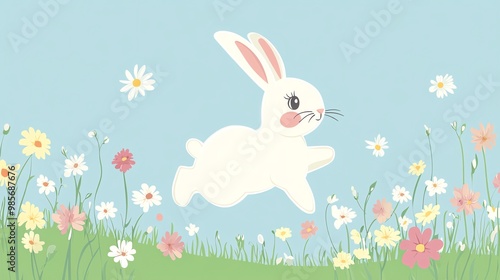 Cute cartoon rabbit hopping over a field of flowers.