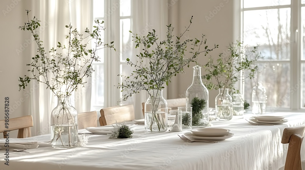Simple and elegant Nordic minimalist Christmas table setup, white linen cloth, wooden accents, and sprigs of greenery in glass vases, soft daylight and clean aesthetic, Simple and elegant Nordic minimalist Christmas table setup, white linen cloth, wooden accents, and sprigs of greenery in glass vases, soft daylight and clean aesthetic,
