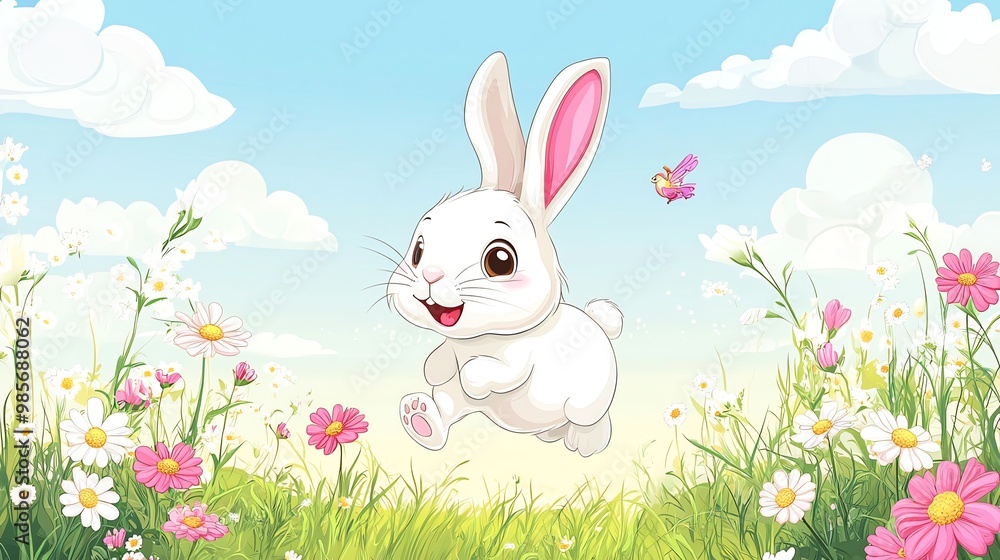 A cute bunny rabbit hops through a field of daisies on a sunny day. A cute bunny rabbit hops through a field of daisies on a sunny day.