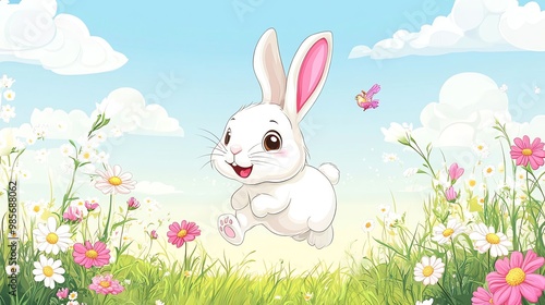 A cute bunny rabbit hops through a field of daisies on a sunny day.