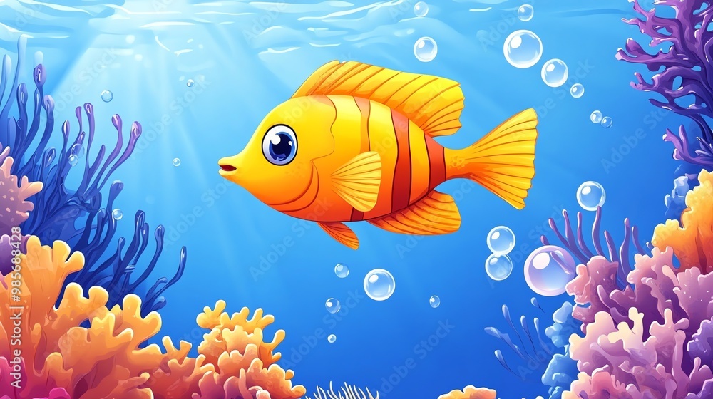 A yellow fish swims through the coral reef in the ocean. A yellow fish swims through the coral reef in the ocean.
