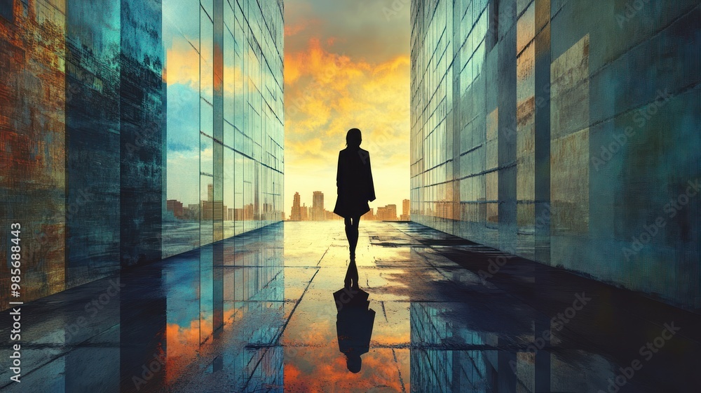 Fototapeta premium A single woman walks down a city street at sunset. Her reflection is seen in the puddles.