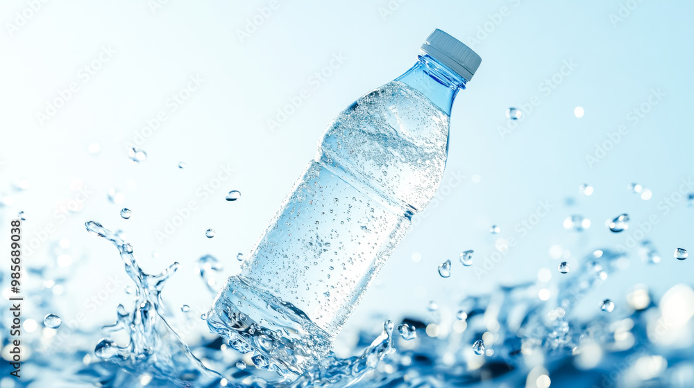Plastic water bottle splashing in refreshing blue water Plastic water bottle splashing in refreshing blue water