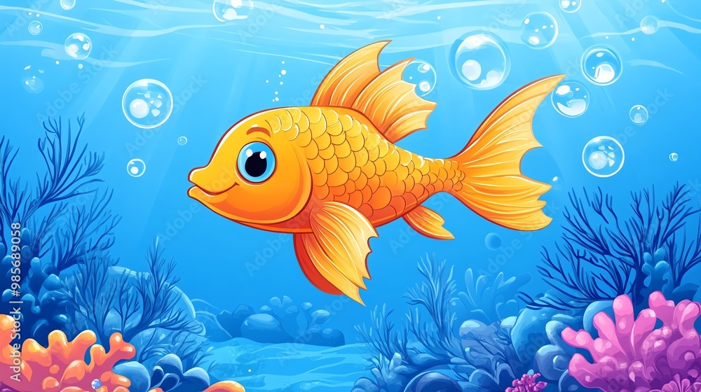 Cartoon goldfish swimming in the ocean with bubbles and coral. Cartoon goldfish swimming in the ocean with bubbles and coral.