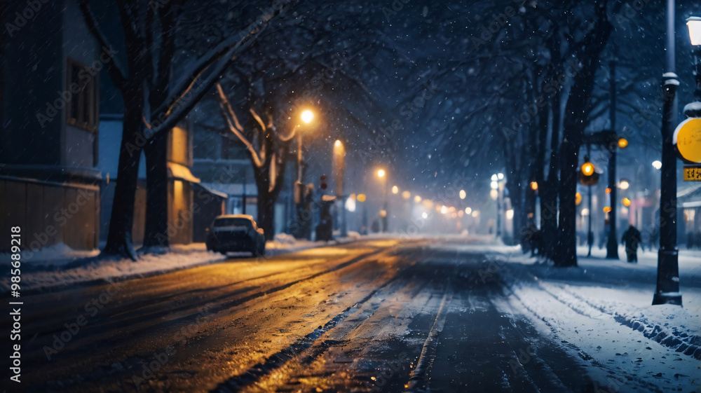 Low angle view of old street in London winter night with blur snowfall town and streetlights. Low angle view of old street in London winter night with blur snowfall town and streetlights.