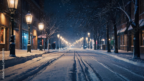 Low angle view of snowy old street in London winter night with blur snowfall town and streetlights.