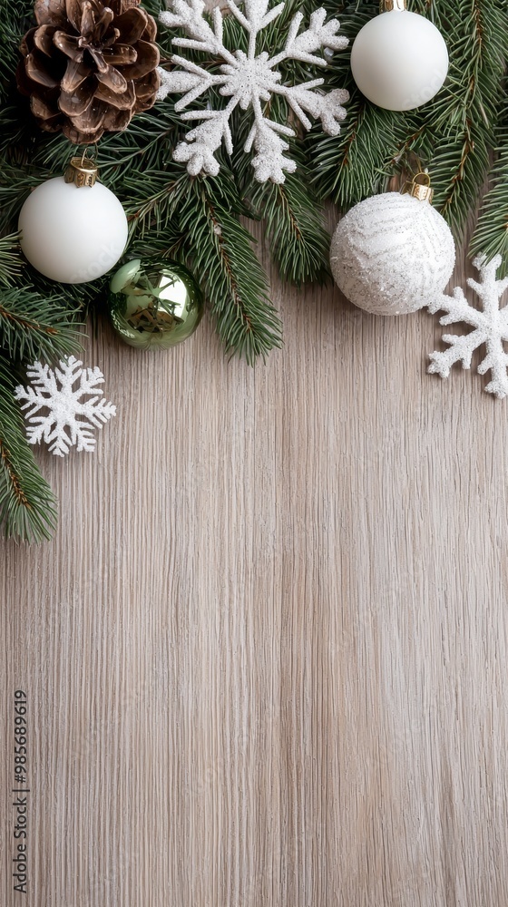 Christmas Decorations on Wooden Background with Pine Branches and Copy Space Christmas Decorations on Wooden Background with Pine Branches and Copy Space