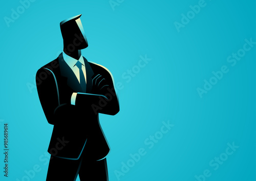Vector illustration of a businessman standing confidently with his arms crossed, one third composition with copyspace