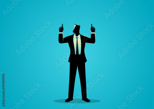 Businessman in formal suit standing with both hands pointing up