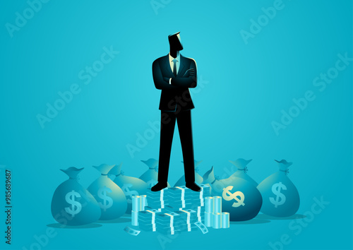 Businessman standing with arms crossed on a pile of money, surrounded by bags of cash. Perfect for themes related to financial success, wealth, entrepreneurship, and business dominance