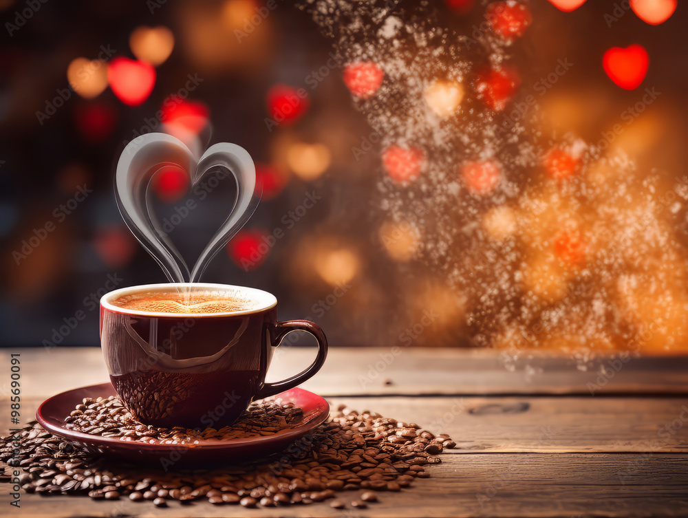 Obraz premium Awesome Front view of hot tea pouring from red kettle with brown coffee seeds
