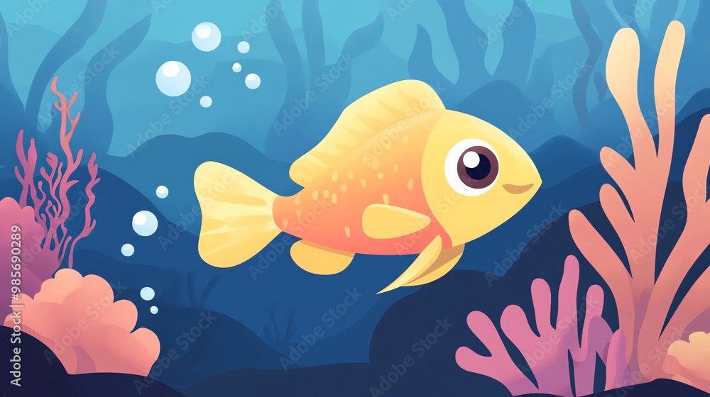 A cartoon yellow fish swims through the ocean, surrounded by coral reefs. A cartoon yellow fish swims through the ocean, surrounded by coral reefs.