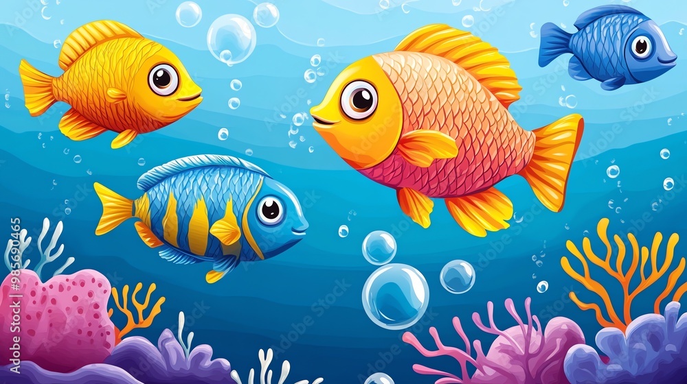 Fototapeta premium Cartoon fish swimming in the ocean with bubbles and coral.