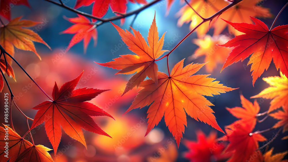 Vibrant autumn leaves in shades of red and orange against a blurred background for seasonal decoration and nature appreciation. Vibrant autumn leaves in shades of red and orange against a blurred background for seasonal decoration and nature appreciation.
