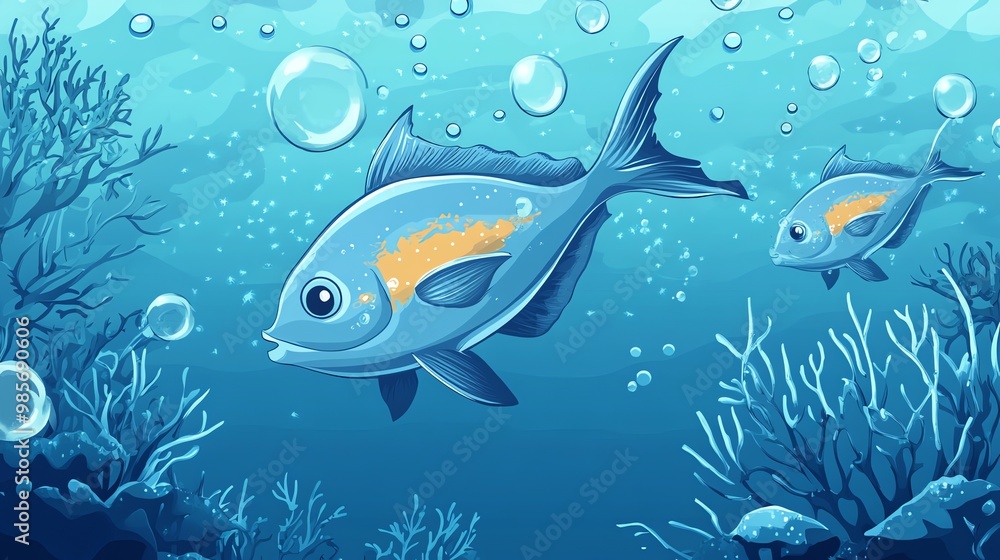 Fototapeta premium A cartoon illustration of two blue fish swimming in the ocean.