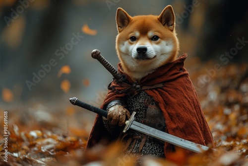 A Shiba Inu dressed as a knight, complete with a tiny sword, standing valiantly in a spooky forest with mist and dark, eerie trees, highlighting a heroic and whimsical Halloween pet scene photo