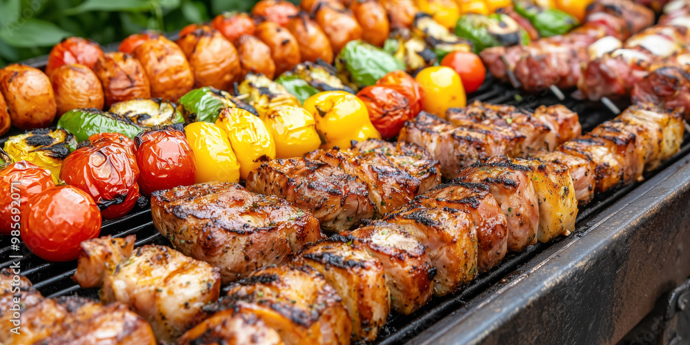 Close-up of colorful grilled vegetables and seasoned meat skewers cooking on a barbecue Close-up of colorful grilled vegetables and seasoned meat skewers cooking on a barbecue