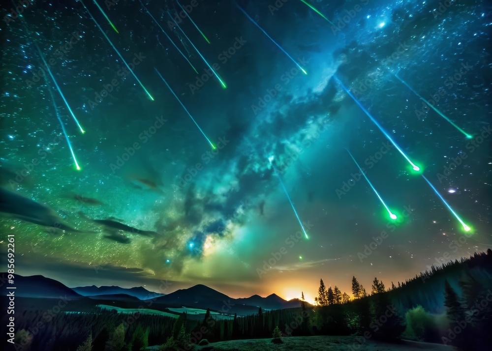Glowing green and blue meteors illuminate the starry night sky, leaving trails of light that seem to pulse Glowing green and blue meteors illuminate the starry night sky, leaving trails of light that seem to pulse