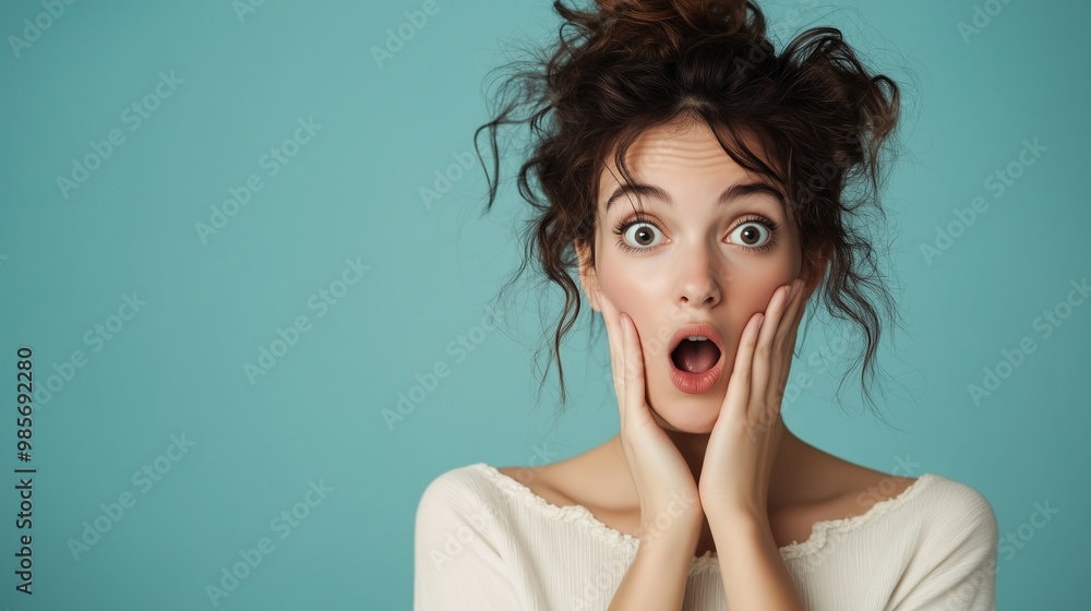 A young woman with wide eyes and an open mouth, expressing shock or surprise, holding her hands to her face, set against a blue background. A young woman with wide eyes and an open mouth, expressing shock or surprise, holding her hands to her face, set against a blue background.