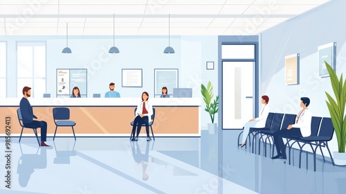 Reception Room at Clinic. Patients in Doctors waiting Room in Hospital, office Interior Clinic. Consultation and Medical Diagnosis for Sick. Medicine Concept. Vector Flat Illustration.