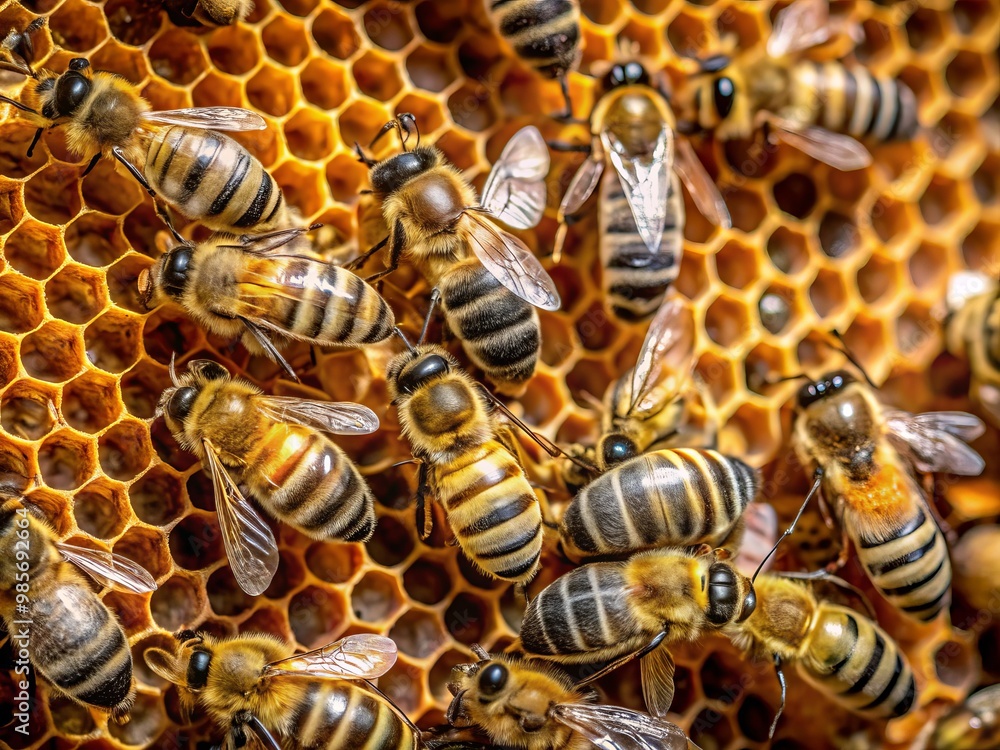 Golden and brown honey beehive buzzing with activity inside hexagonal framework Golden and brown honey beehive buzzing with activity inside hexagonal framework