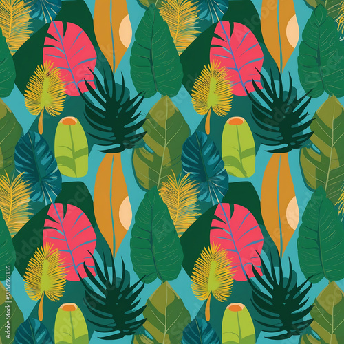 Seamless vector pattern vibrant tropical leaves and organic shapes