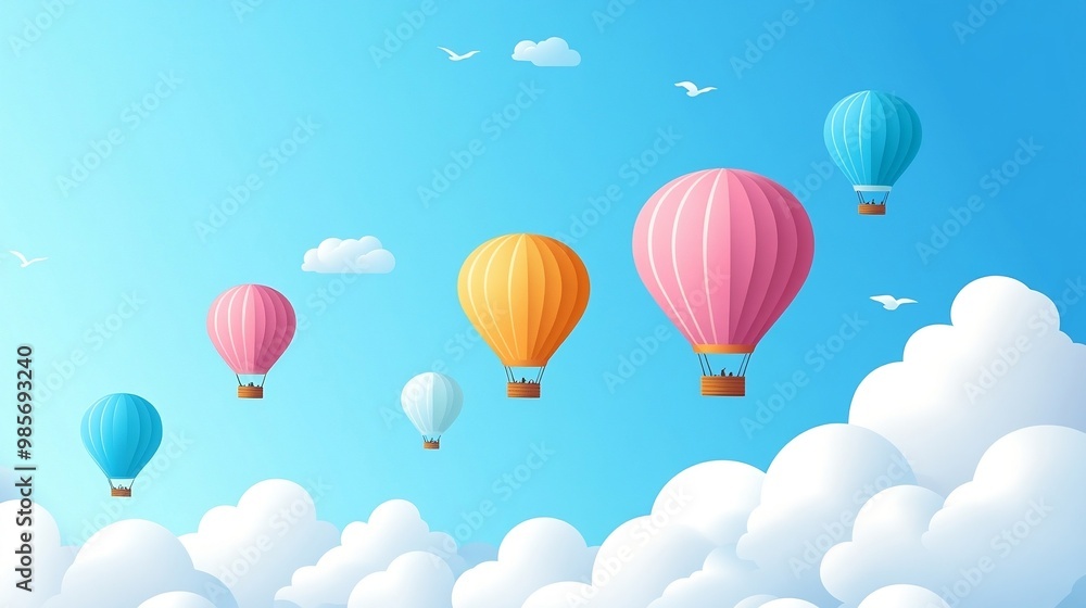 Naklejka premium vector illustration showcasing colorful hot air balloons floating gracefully in a clear blue sky with scattered clouds
