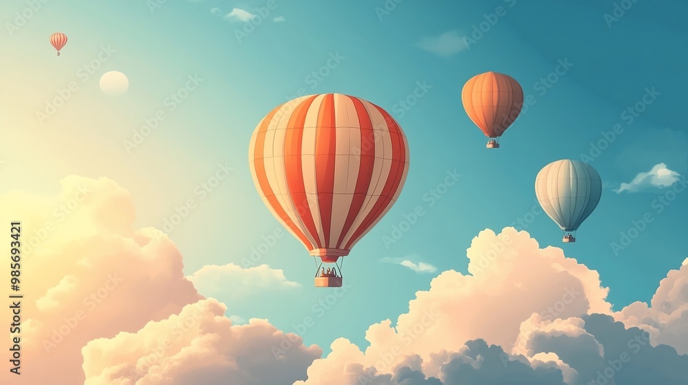 Naklejka premium vector illustration showcasing colorful hot air balloons floating gracefully in a clear blue sky with scattered clouds