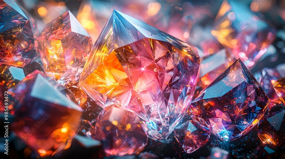A vibrant close-up of sparkling, colorful crystals, reflecting light with hues of pink, orange, and blue, showcasing stunning detail and brilliance. A vibrant close-up of sparkling, colorful crystals, reflecting light with hues of pink, orange, and blue, showcasing stunning detail and brilliance.